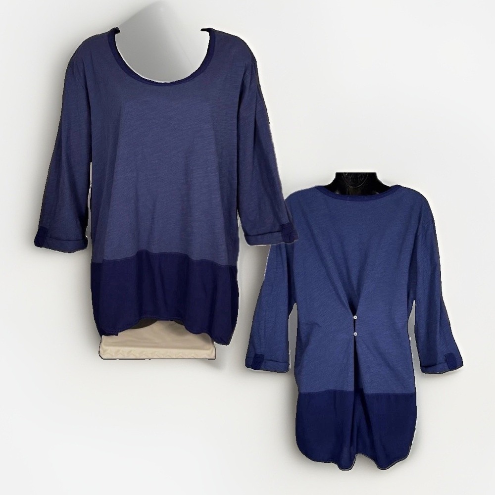 Fresh Produce Tunic Top XL Cotton Blue Block Button Back Roll Tab Sleeve Shirt